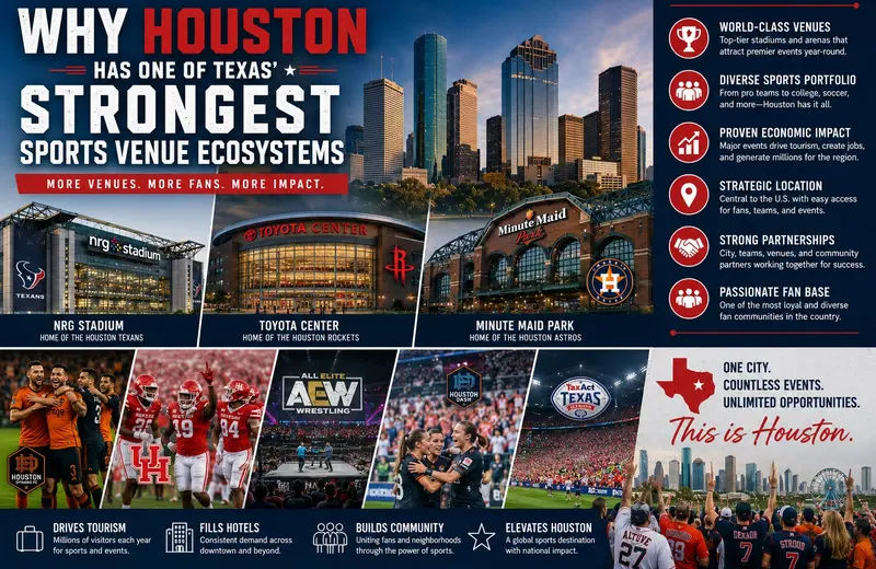 Houston sports venues including NRG Stadium, Toyota Center, and Minute Maid Park alongside fans and athletes participating in football, basketball, baseball, soccer, and major sporting events across Houston’s sports ecosystem.